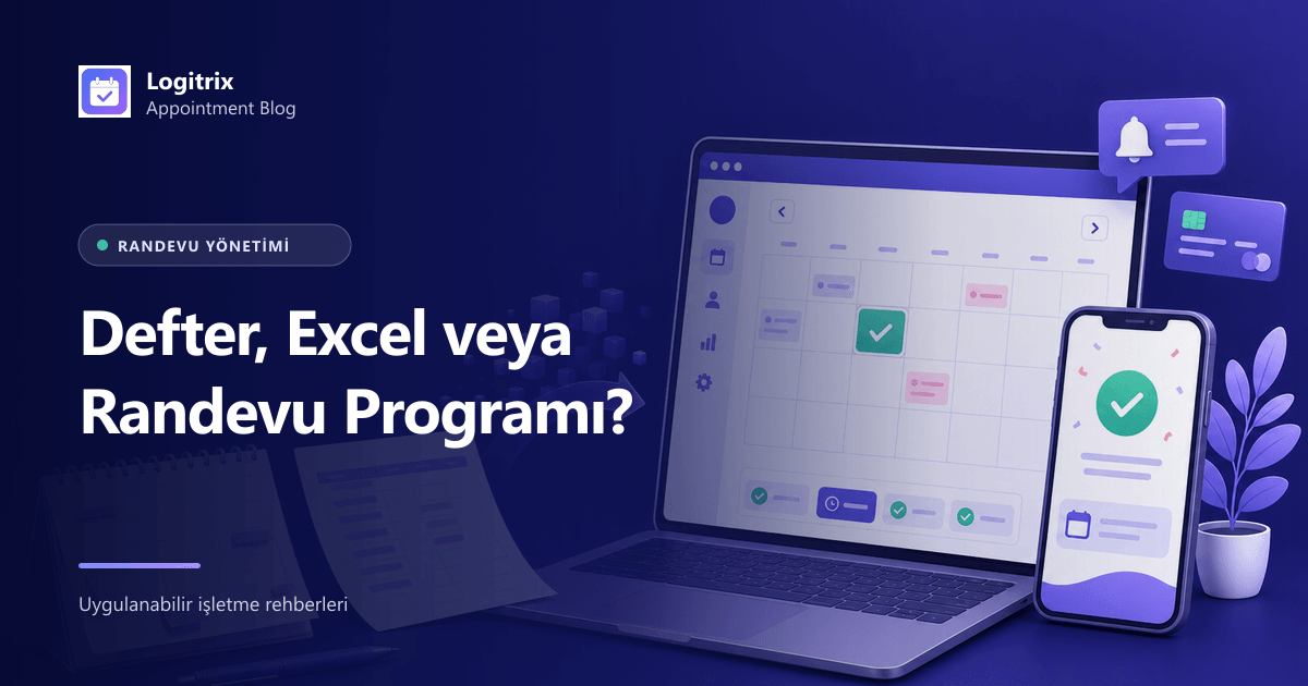 Kâğıt randevu defteri, Excel tablosu ve online randevu takvimini karşılaştıran görsel