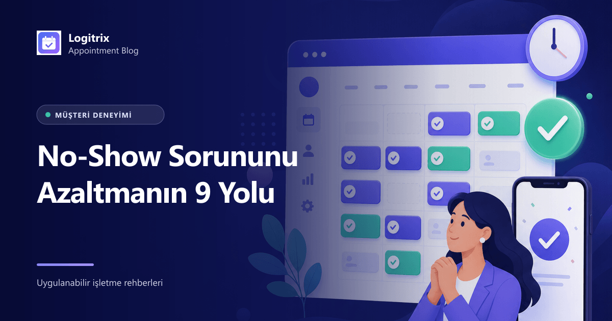 Boş randevu saatlerini ve düzenli dijital takvimi karşılaştıran no-show rehber görseli